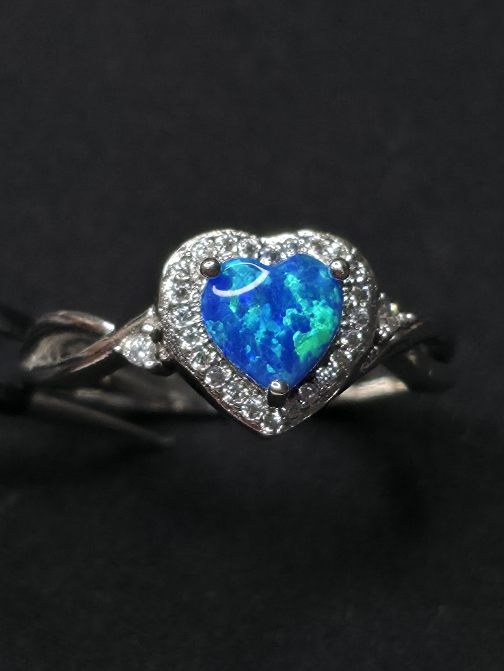 Source Unknown Sterling Silver Fiery Blue Opal Heart Halo Ring Size 10 - Picture 2 of 3